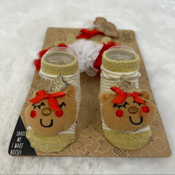 NEW Baby Essentials Glitter Antler Headband & matching Plush Deer Rattle Socks - Picture 7 of 7